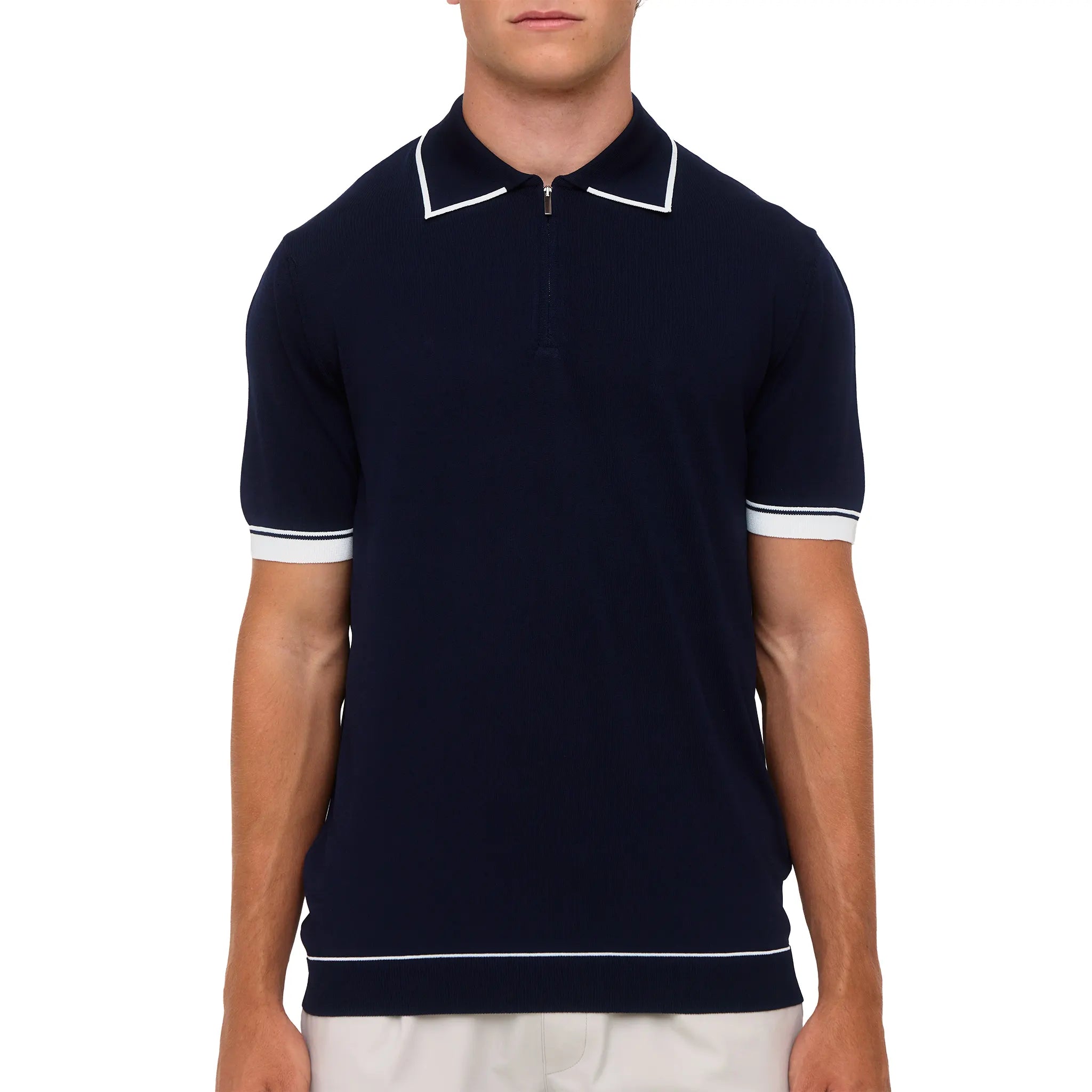 Front View of Loiano Rayon Knit Navy Polo Shirt